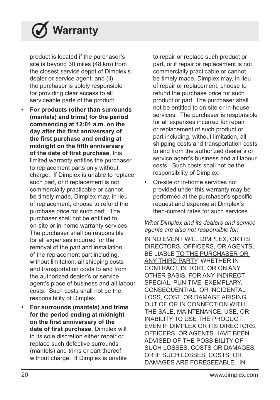 Warranty | Dimplex Fireplace DFG3033 User Manual | Page 20 / 22