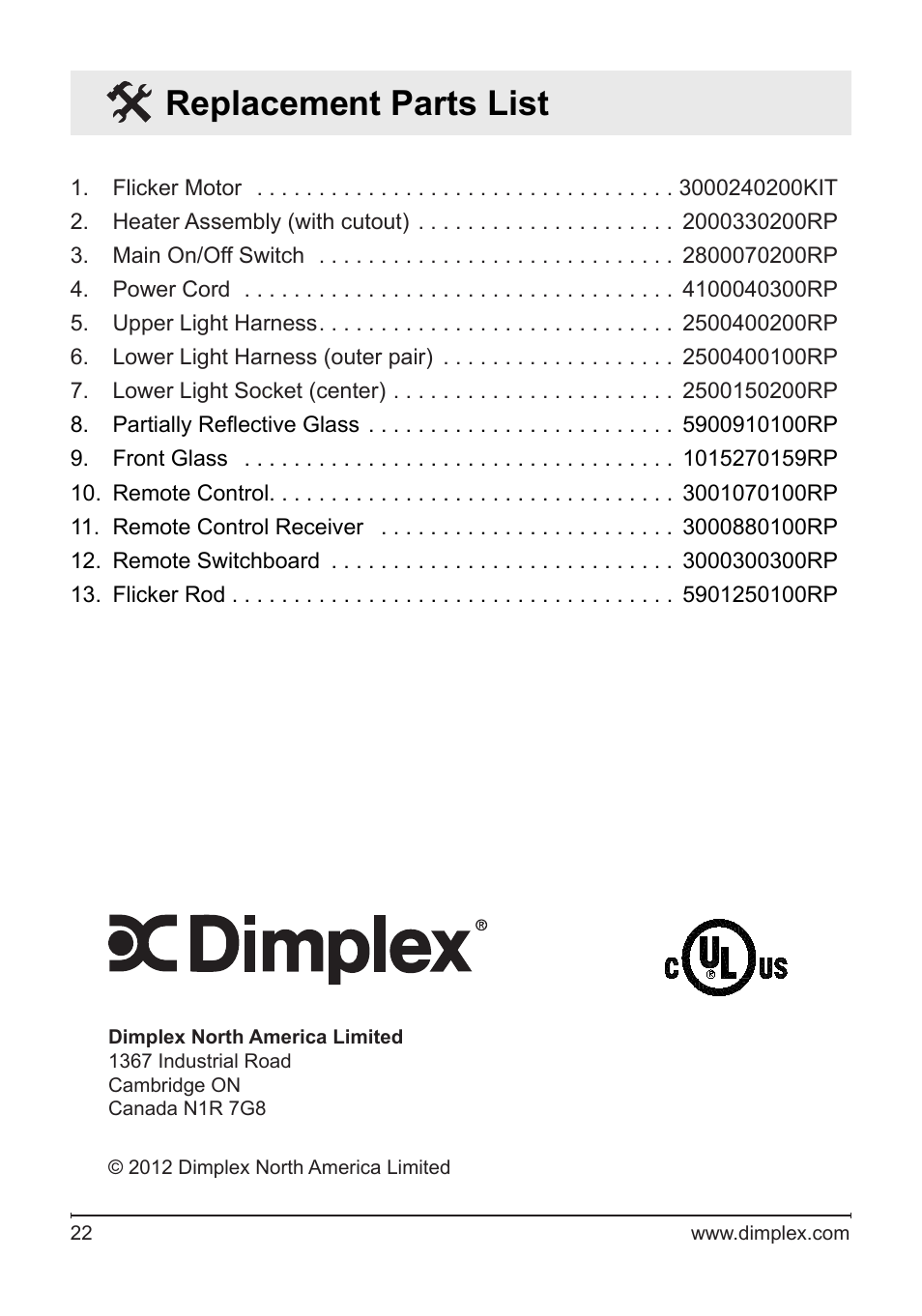 Replacement parts list | Dimplex Fireplace DFG3033 User Manual | Page 22 / 22