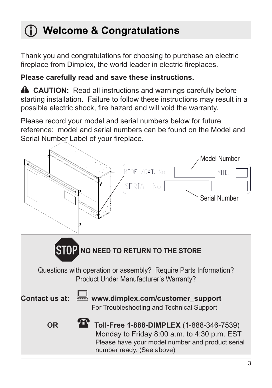 Welcome & congratulations | Dimplex Fireplace DFG3033 User Manual | Page 3 / 22