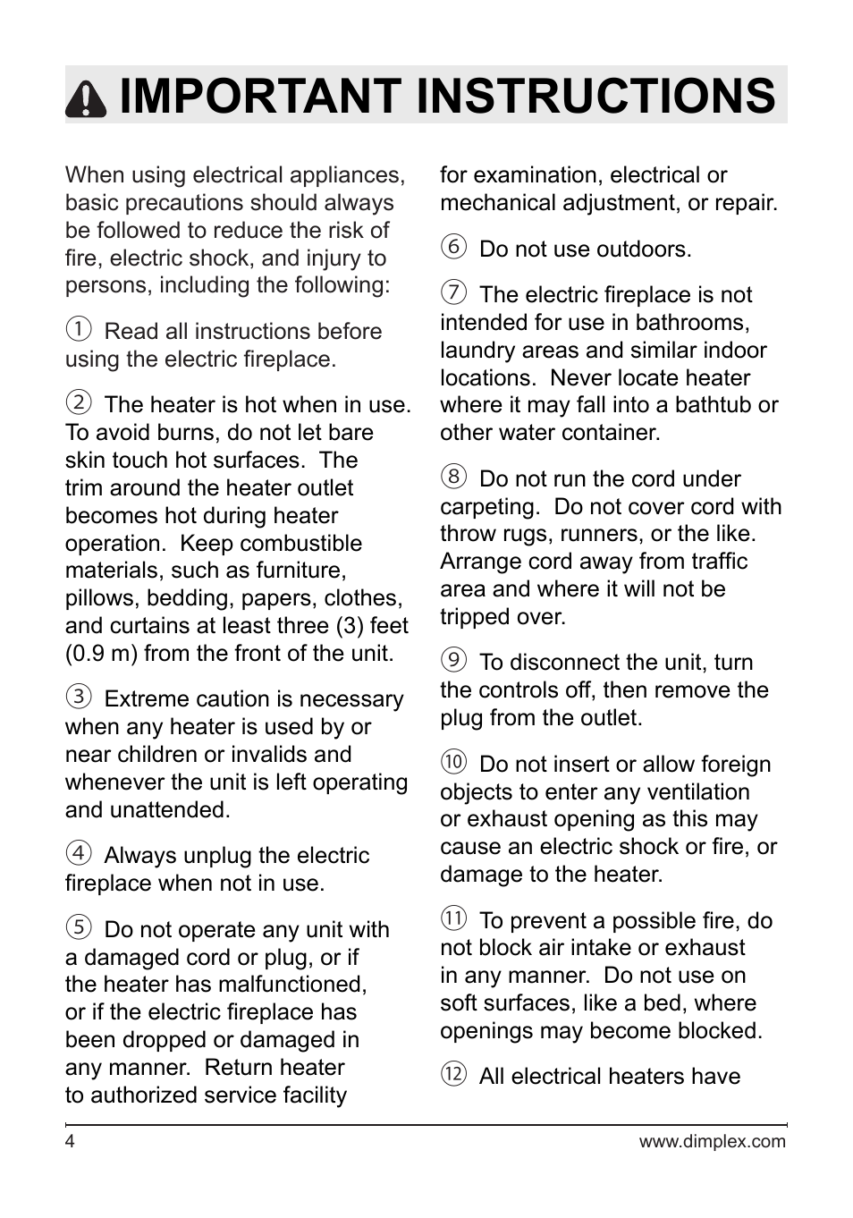 Important instructions | Dimplex Fireplace DFG3033 User Manual | Page 4 / 22