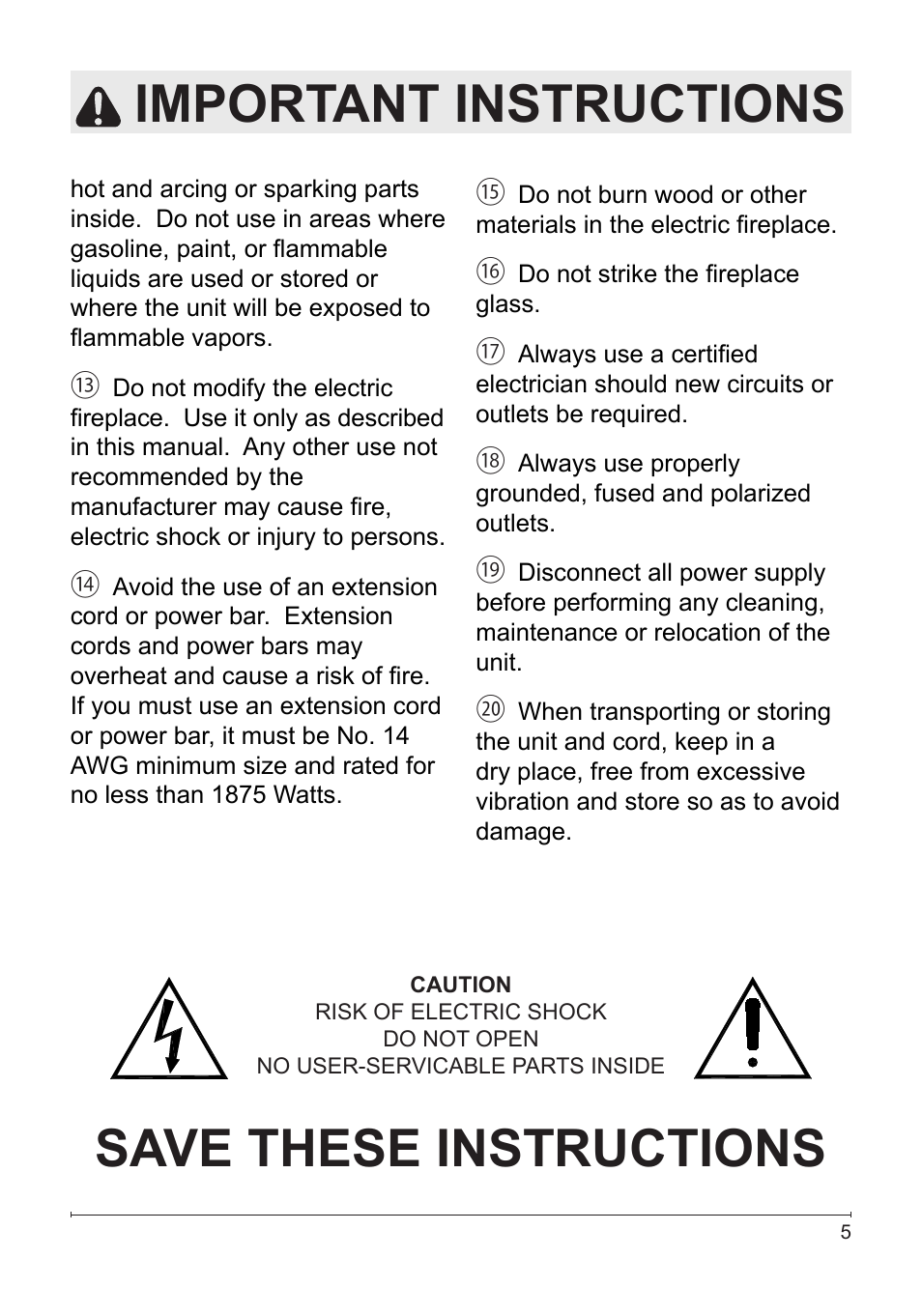 Save these instructions, Important instructions | Dimplex Fireplace DFG3033 User Manual | Page 5 / 22