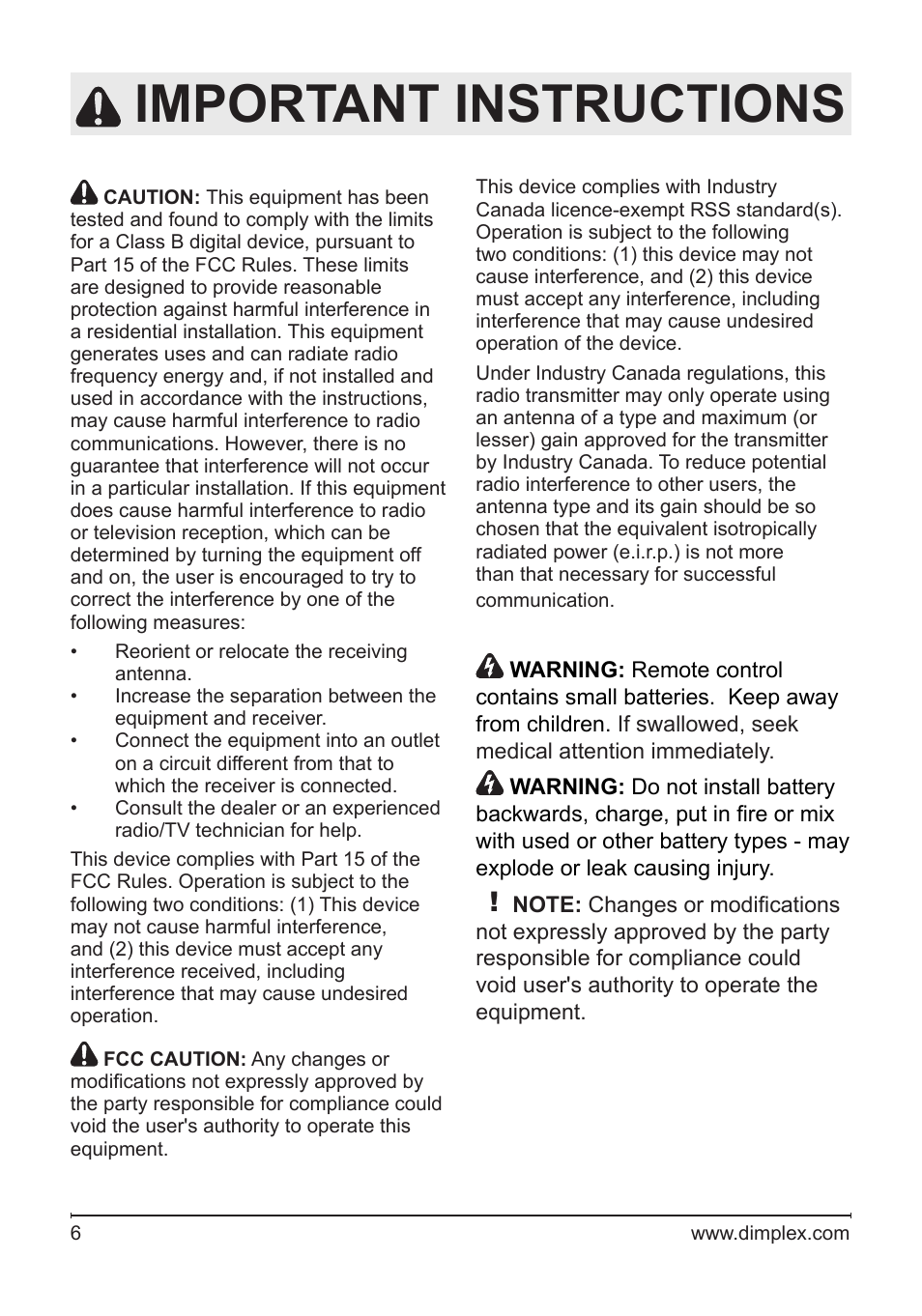 Important instructions | Dimplex Fireplace DFG3033 User Manual | Page 6 / 22