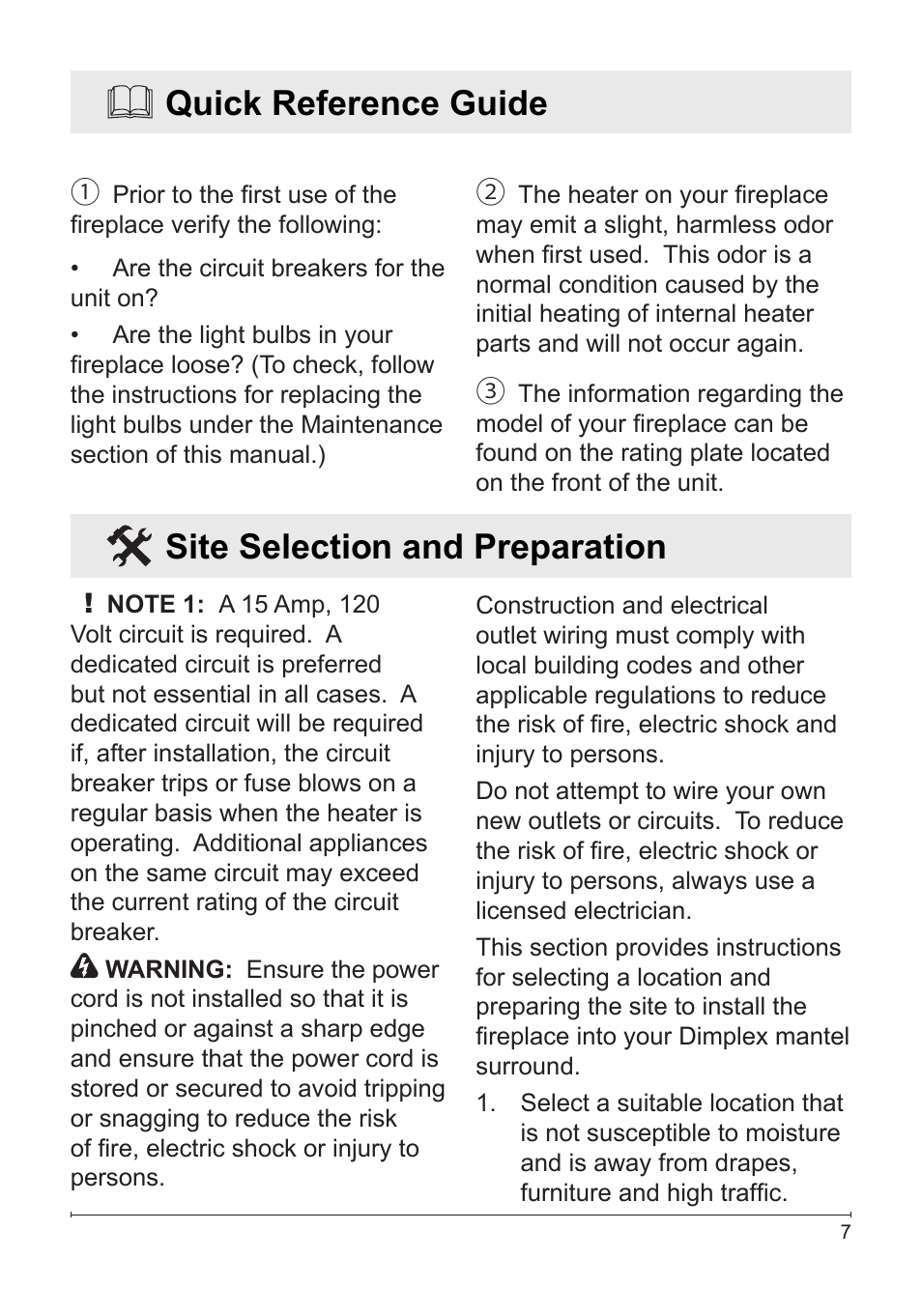 Quick reference guide, Site selection and preparation | Dimplex Fireplace DFG3033 User Manual | Page 7 / 22