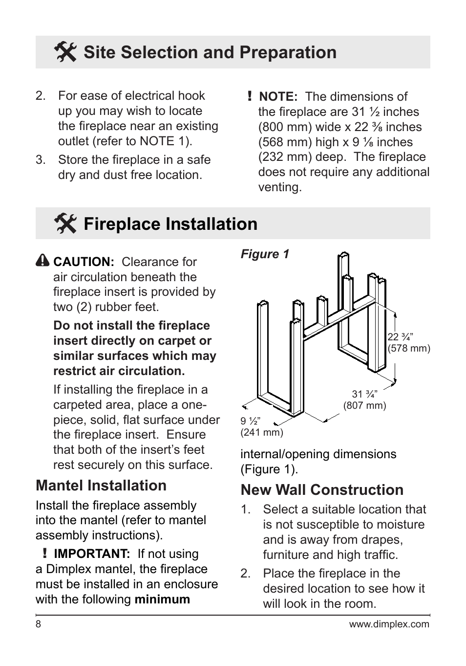 Fireplace installation, Site selection and preparation, Mantel installation | New wall construction | Dimplex Fireplace DFG3033 User Manual | Page 8 / 22