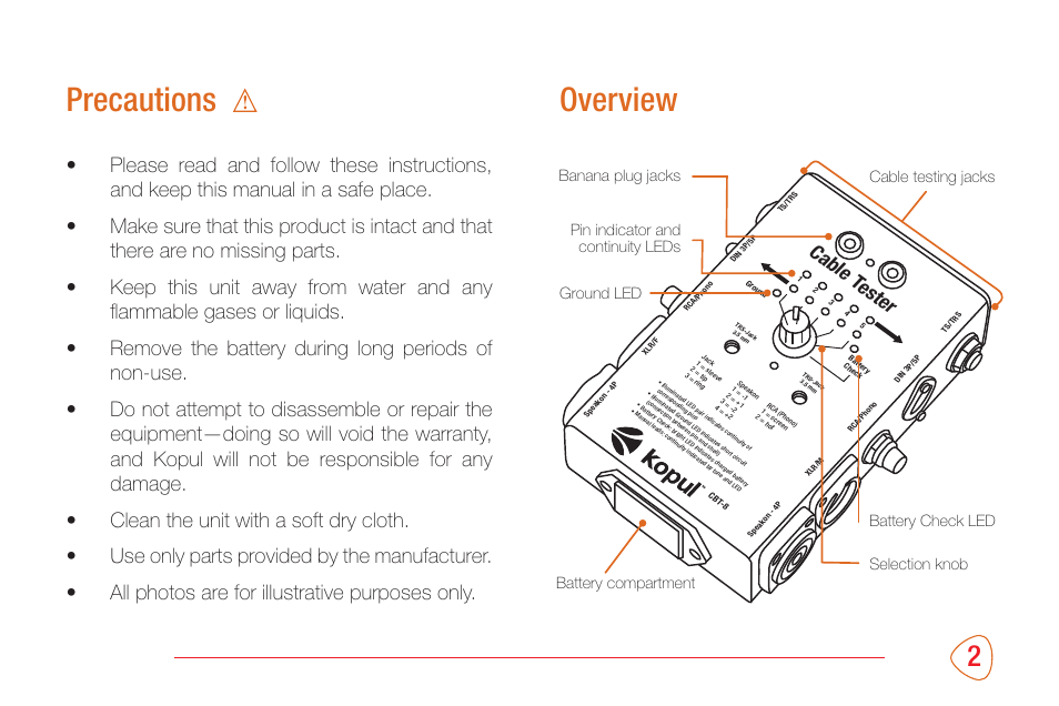 Precautions, Overview, Cable t ester | Kopul CBT-8 - 8-in-1 Cable Tester User Manual | Page 3 / 8