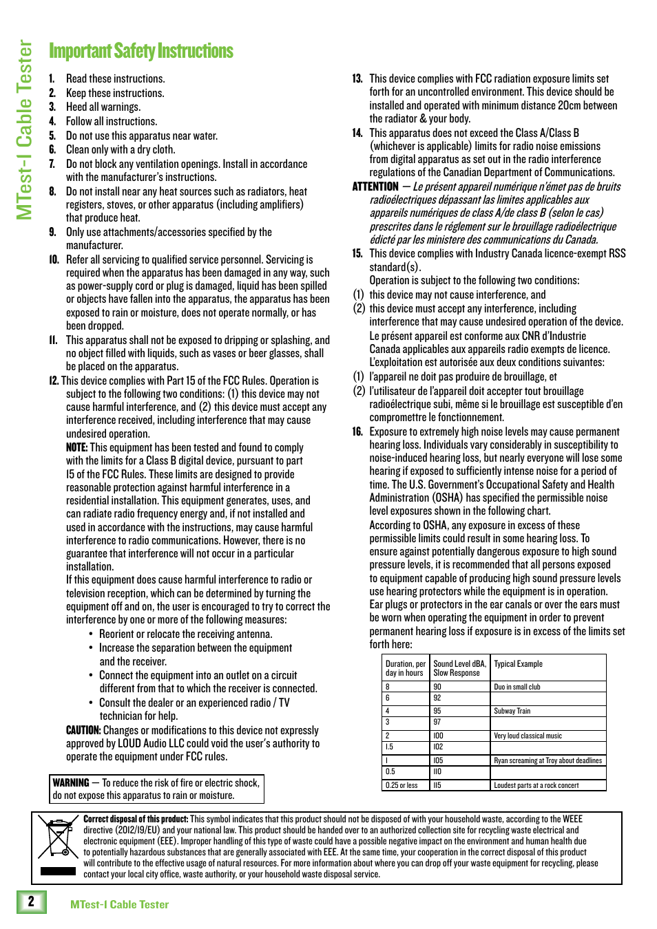 Important safety instructions, Mt est-1 cable t ester | MACKIE MTest-1 Cable Tester User Manual | Page 2 / 10