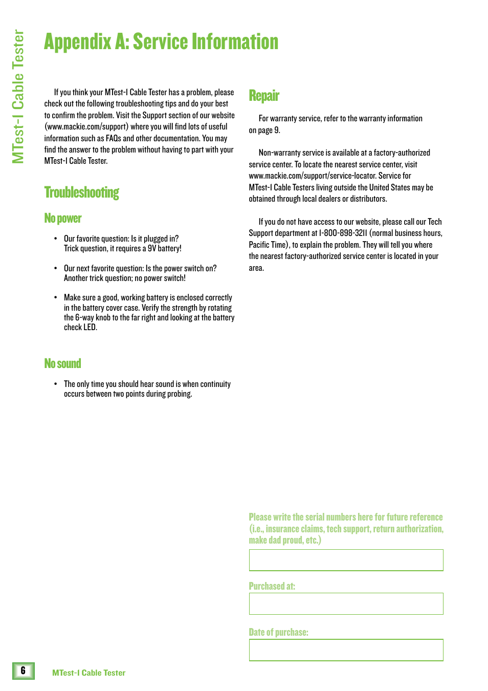 Appendix a: service information, Repair, Troubleshooting | Mt est-1 cable t ester, No power, No sound | MACKIE MTest-1 Cable Tester User Manual | Page 6 / 10