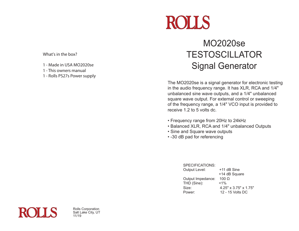 Rolls MO2020se Testoscillator Sine/Square Wave Generator User Manual | 2 pages