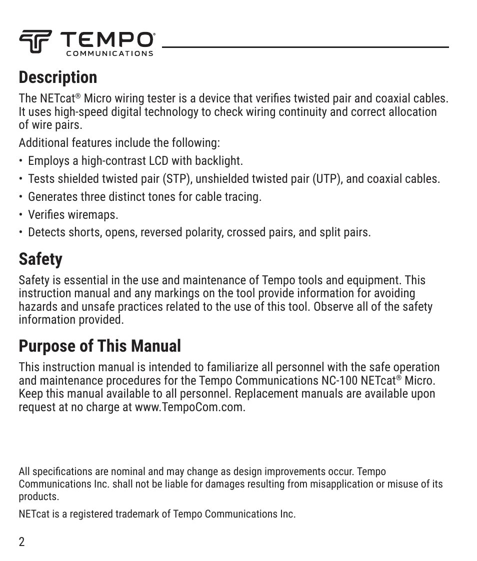 Description, Safety, Purpose of this manual | Tempo NC-100 NETcat Micro - Wiring Tester for Digital Voice, Data, and Video User Manual | Page 2 / 12