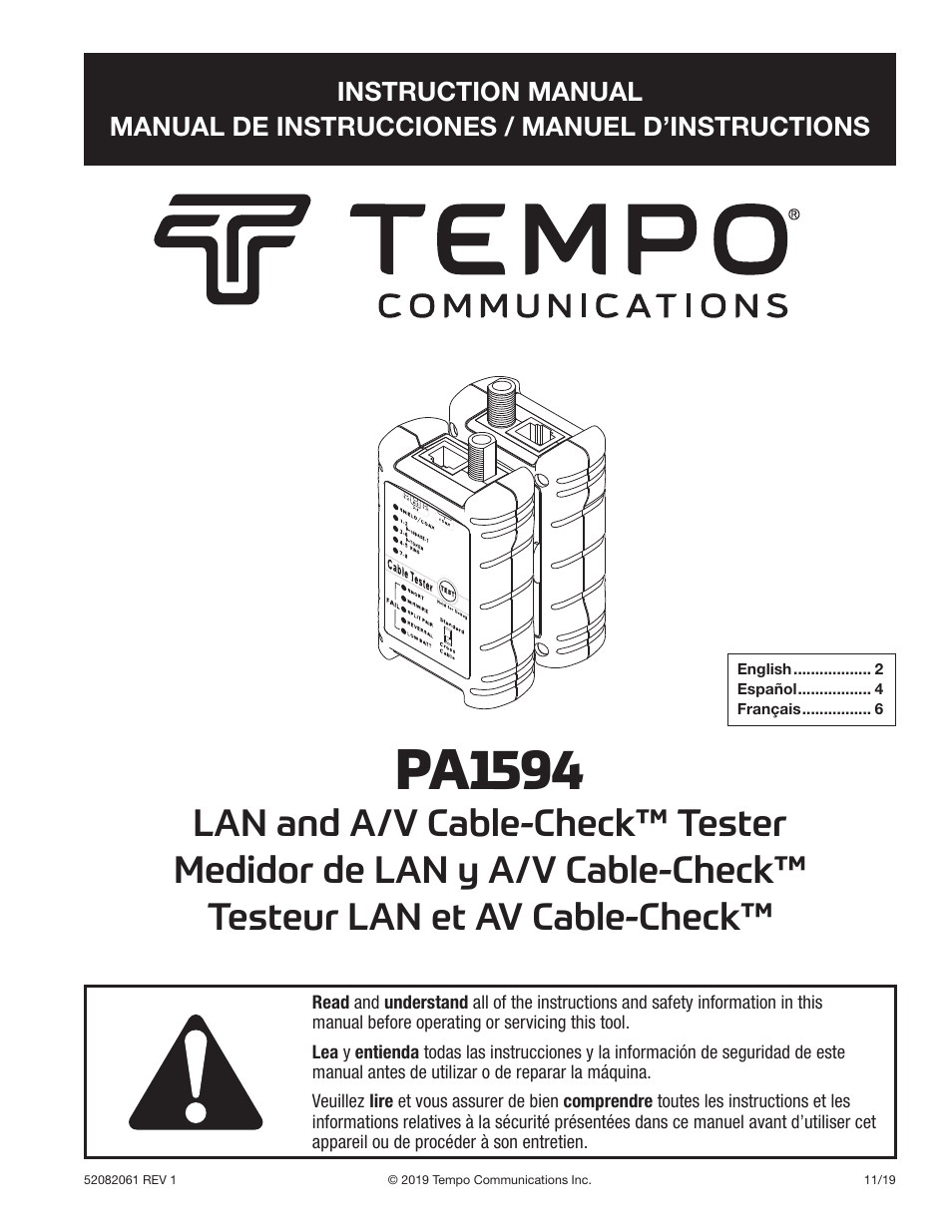 Tempo PA1594 LAN and A/V Cable-Check Tester User Manual | 3 pages