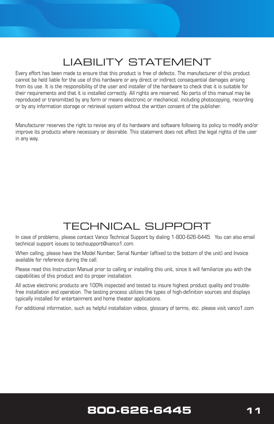 Technical support, Liability statement | VANCO Handheld 4K HDMI Tester User Manual | Page 11 / 12