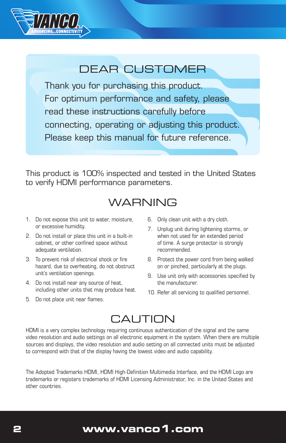 Caution, Warning dear customer | VANCO Handheld 4K HDMI Tester User Manual | Page 2 / 12