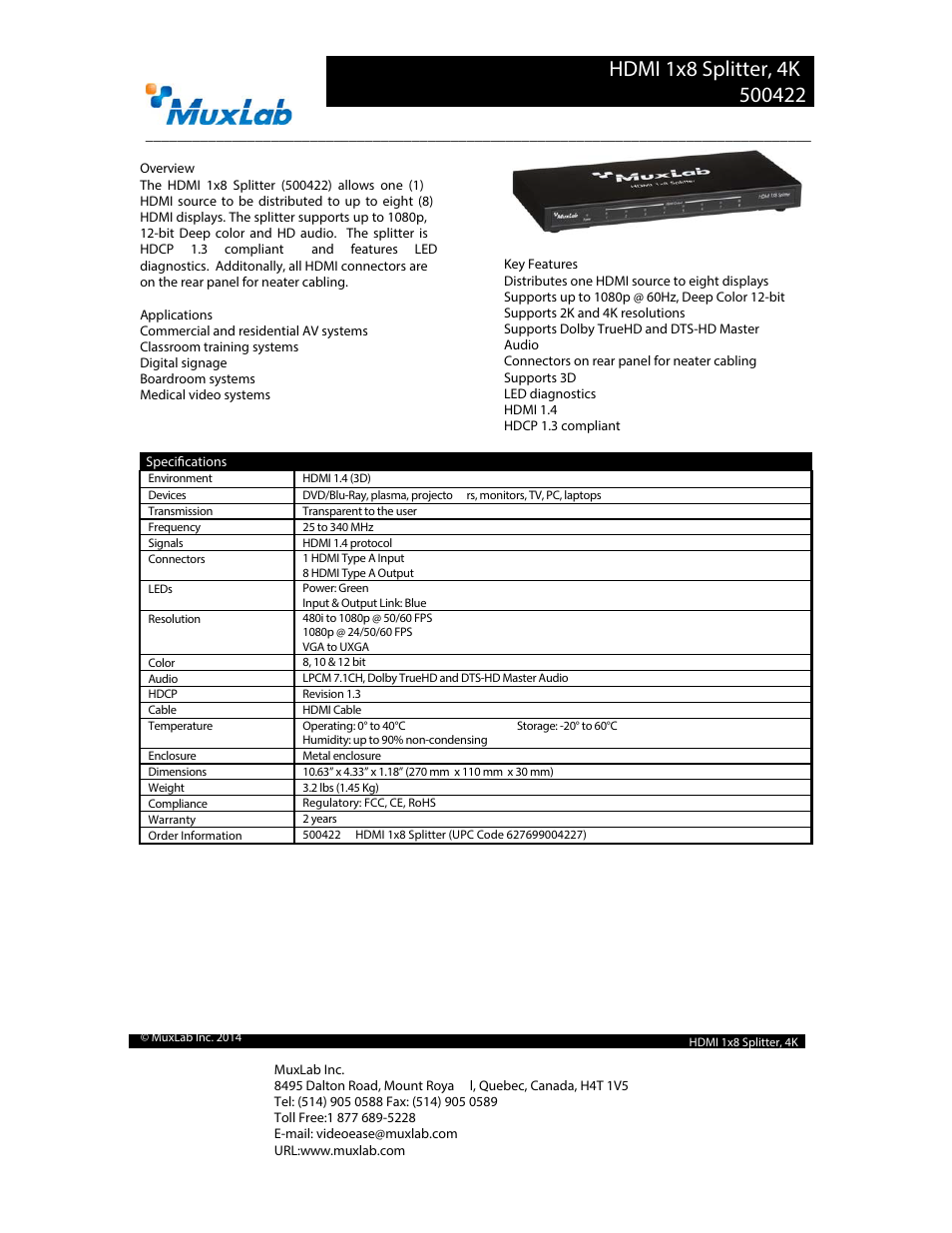 Muxlab HDMI 1 x 8 Splitter User Manual | 2 pages