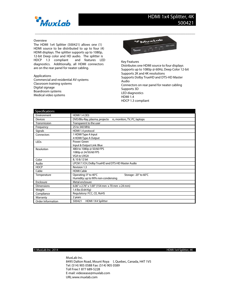 Muxlab HDMI 1 x 4 Splitter User Manual | 2 pages