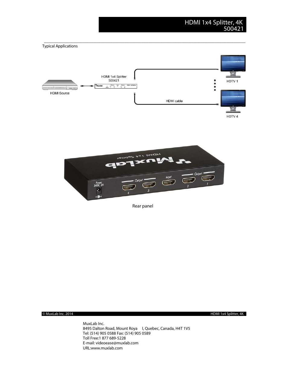 Hdmi 1x4 splitter, 4k | Muxlab HDMI 1 x 4 Splitter User Manual | Page 2 / 2