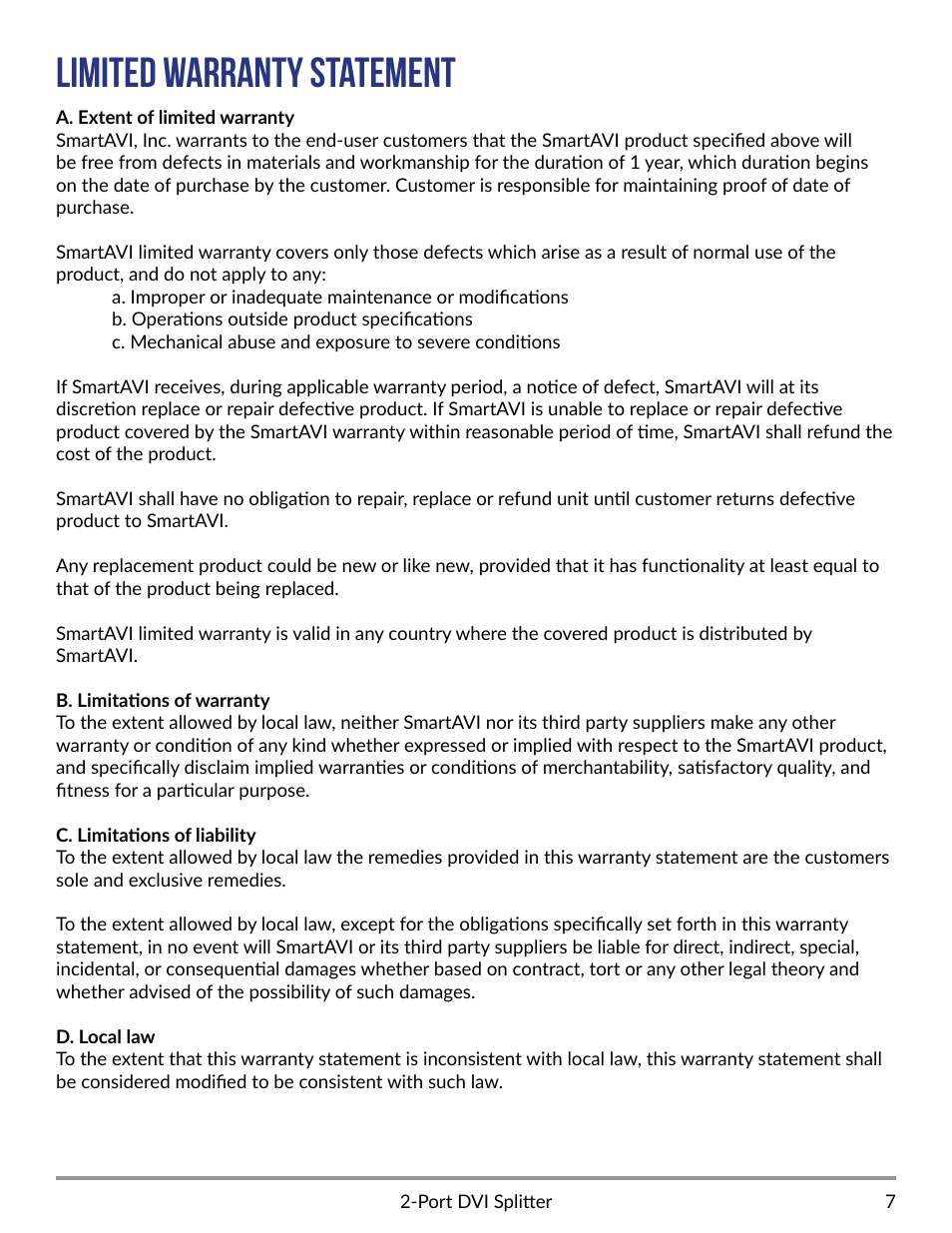 Limited warranty statement | Smart Avi 2-Port DVI-I Splitter User Manual | Page 7 / 8