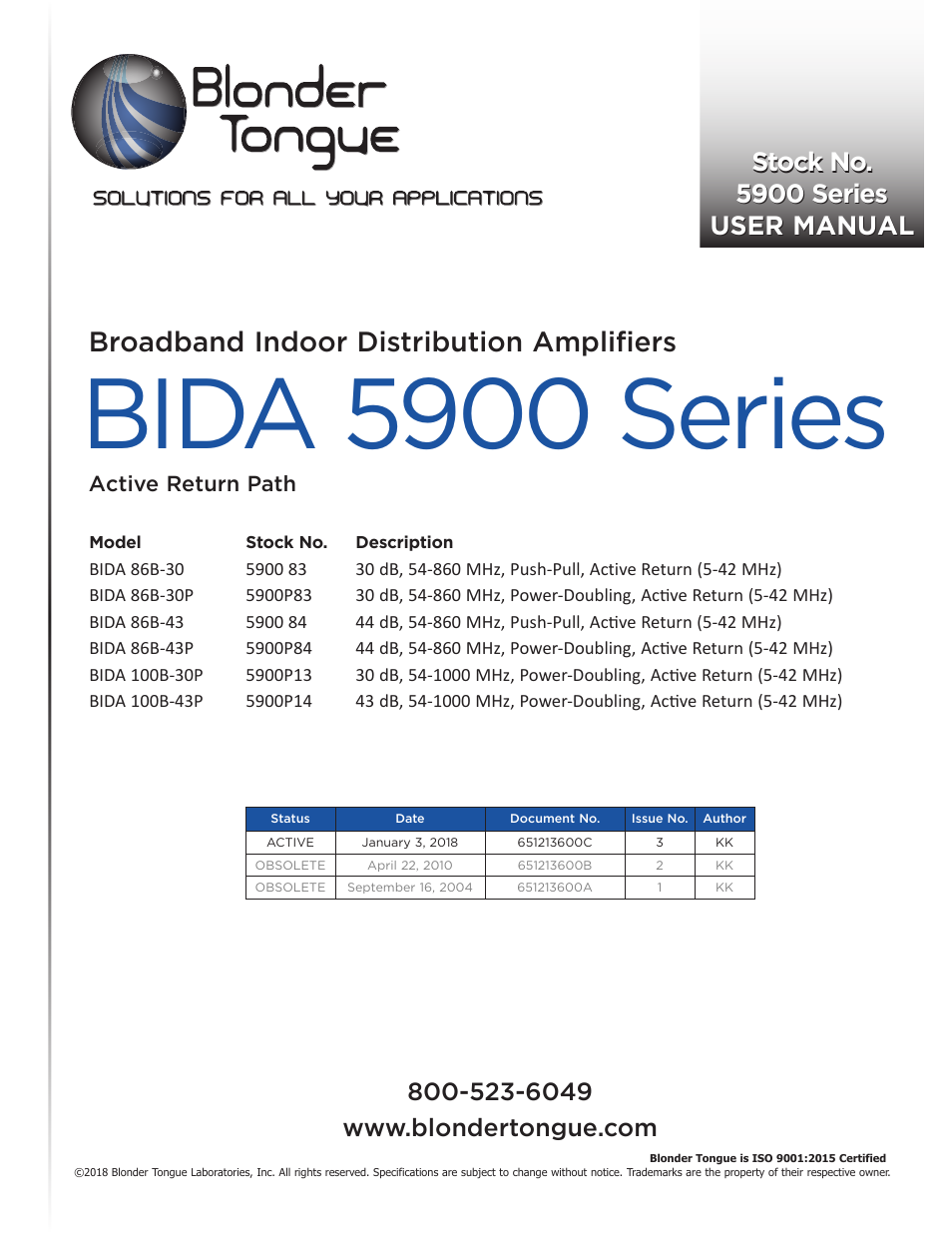 Blonder Tongue BIDA-5900 Series Broadband Indoor Distribution Amplifier with Power Doubling (30 dB, 54-1000 MHz) User Manual | 8 pages