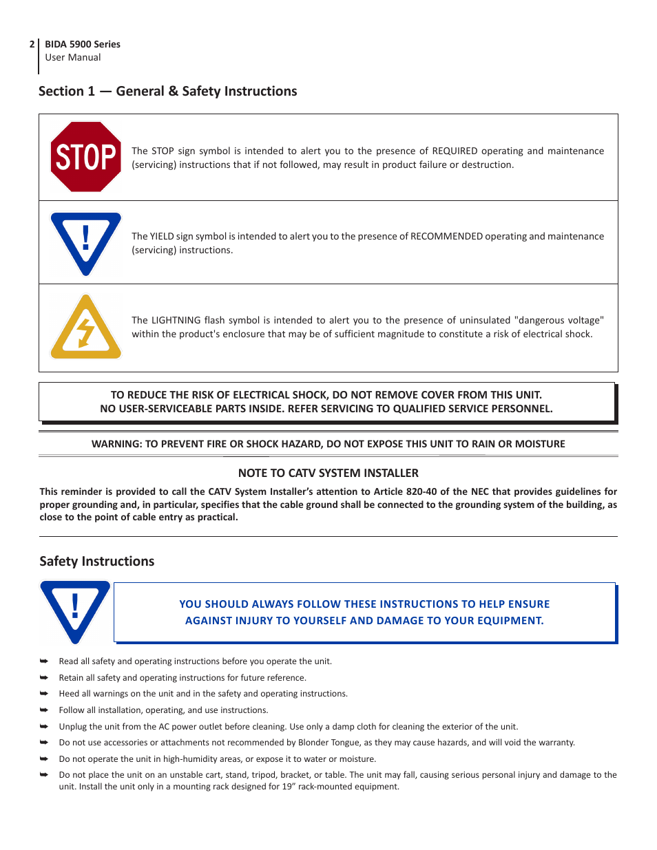 Safety instructions | Blonder Tongue BIDA-5900 Series Broadband Indoor Distribution Amplifier with Power Doubling (30 dB, 54-1000 MHz) User Manual | Page 2 / 8