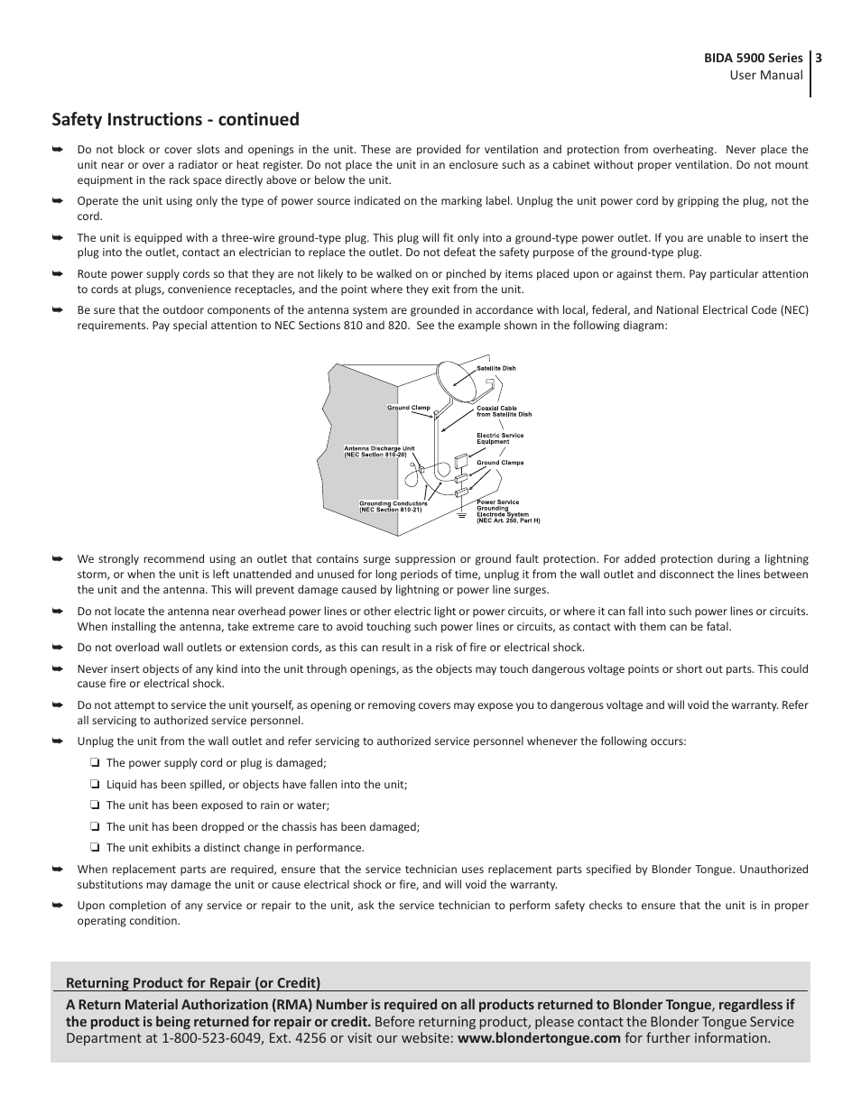 Safety instructions - continued | Blonder Tongue BIDA-5900 Series Broadband Indoor Distribution Amplifier with Power Doubling (30 dB, 54-1000 MHz) User Manual | Page 3 / 8