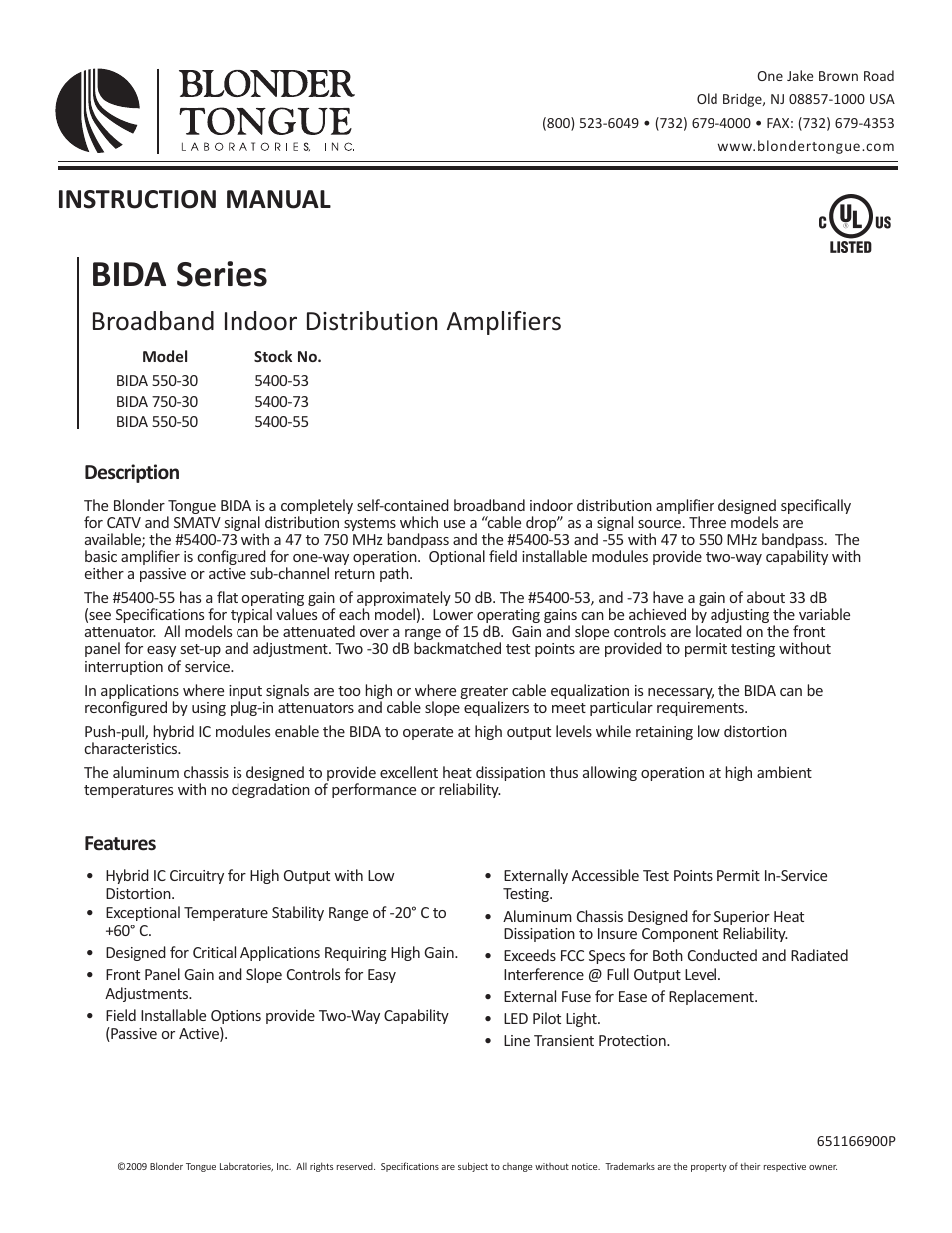 Blonder Tongue BIDA 5400 Series Indoor Distribution Amplifier (750 MHz, 30 dB) User Manual | 8 pages