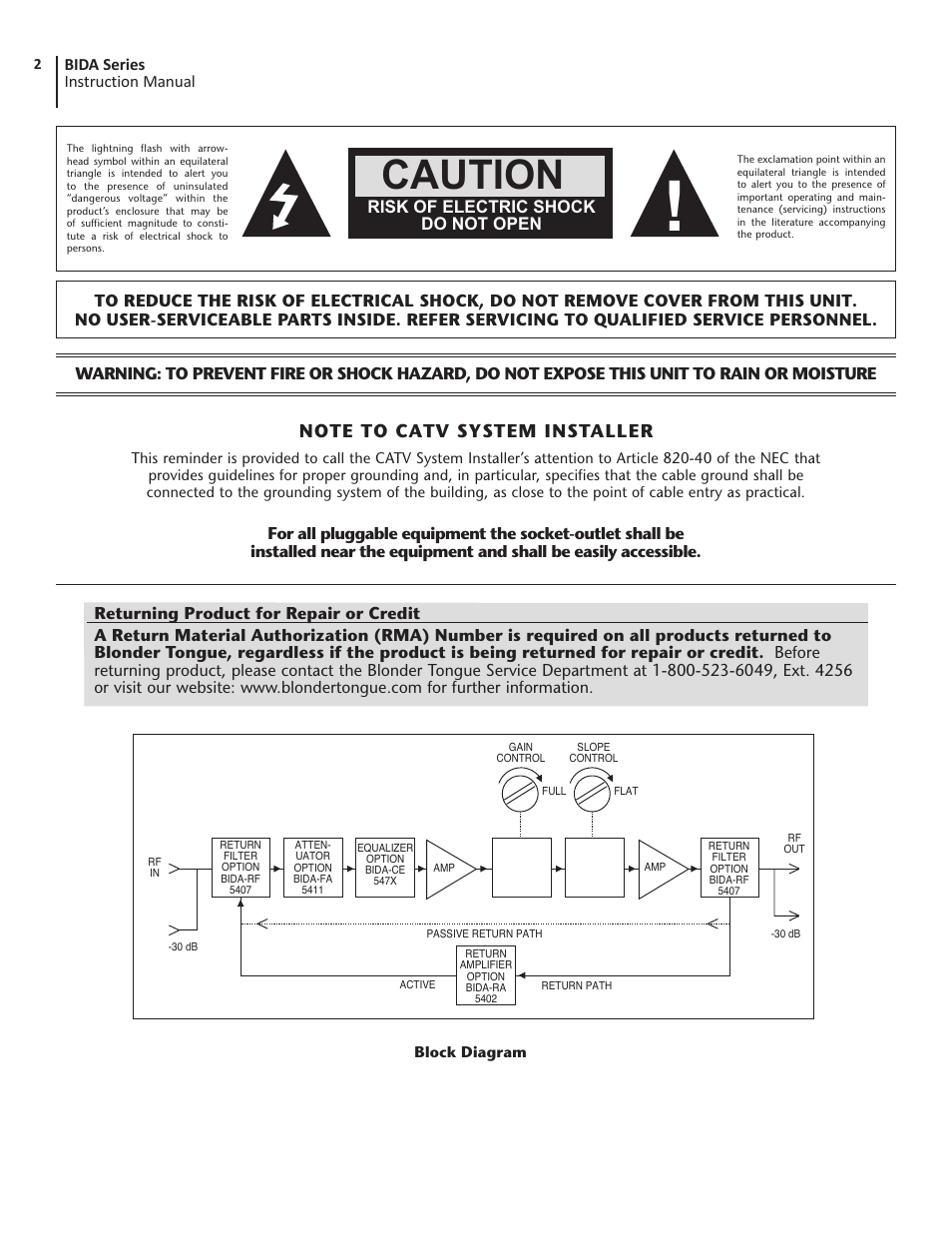 Caution, Bida series instruction manual, Risk of electric shock do not open | Blonder Tongue BIDA 5400 Series Indoor Distribution Amplifier (750 MHz, 30 dB) User Manual | Page 2 / 8