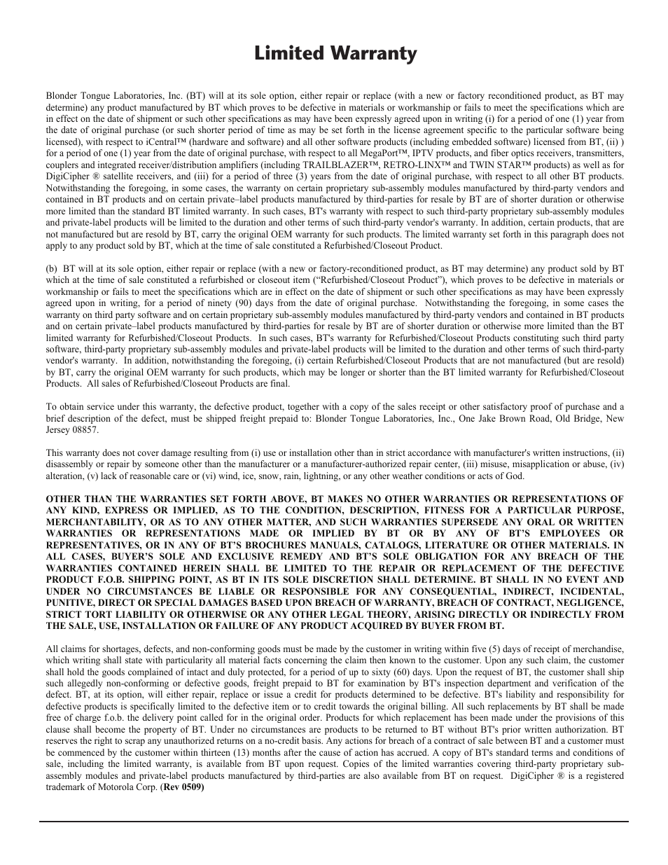 Limited warranty | Blonder Tongue BIDA 5400 Series Indoor Distribution Amplifier (750 MHz, 30 dB) User Manual | Page 7 / 8