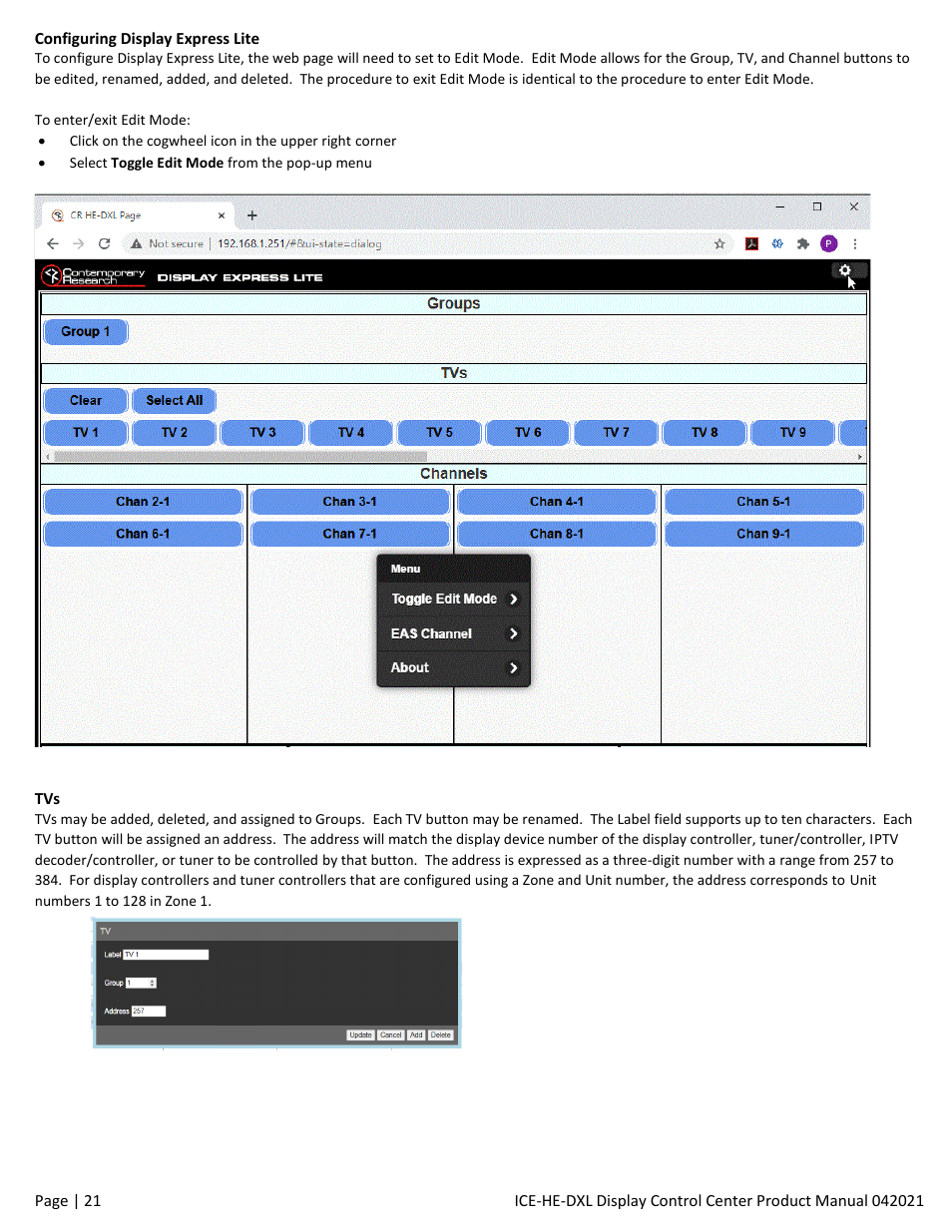Contemporary Research ICE-HE-DXL Display Control Center with Universal Rackmount User Manual | Page 21 / 26