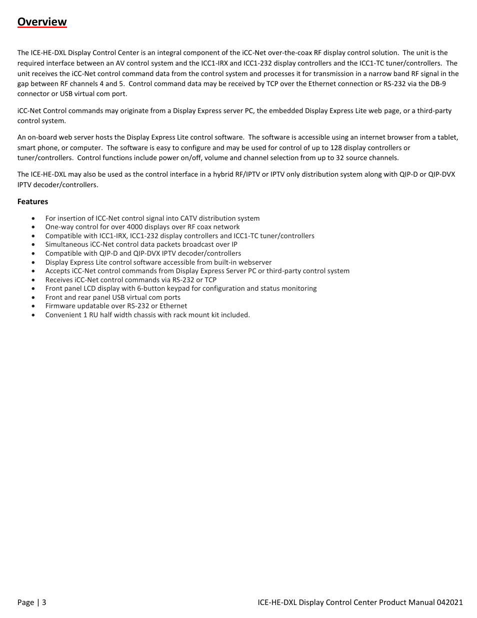 Overview | Contemporary Research ICE-HE-DXL Display Control Center with Universal Rackmount User Manual | Page 3 / 26