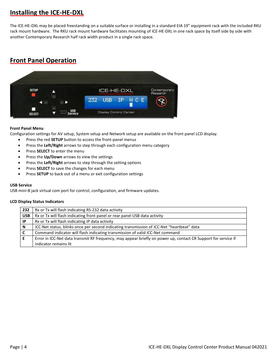 Installing the ice-he-dxl, Front panel operation | Contemporary Research ICE-HE-DXL Display Control Center with Universal Rackmount User Manual | Page 4 / 26
