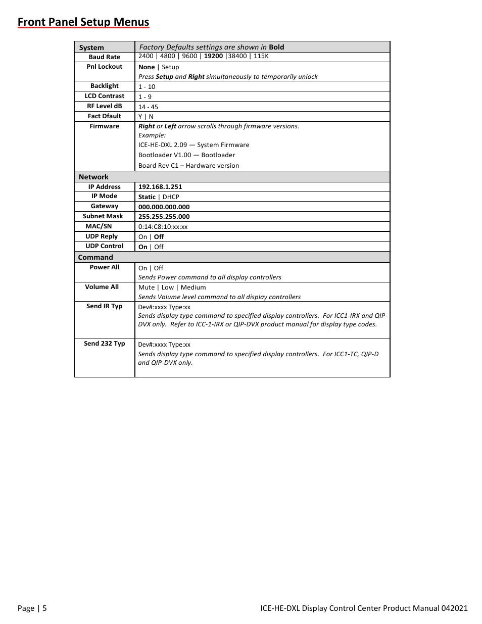 Front panel setup menus | Contemporary Research ICE-HE-DXL Display Control Center with Universal Rackmount User Manual | Page 5 / 26