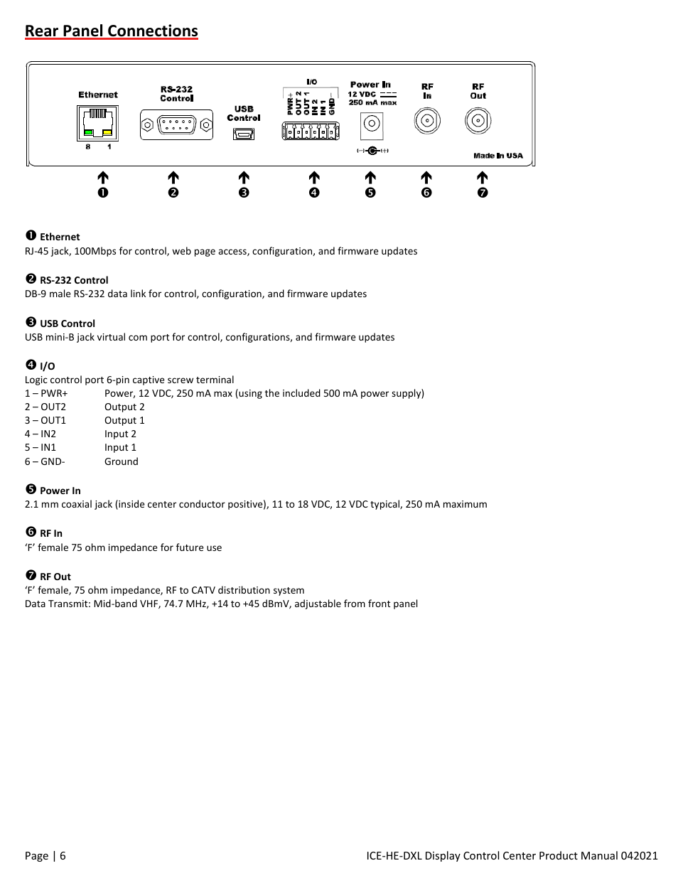 Rear panel connections | Contemporary Research ICE-HE-DXL Display Control Center with Universal Rackmount User Manual | Page 6 / 26
