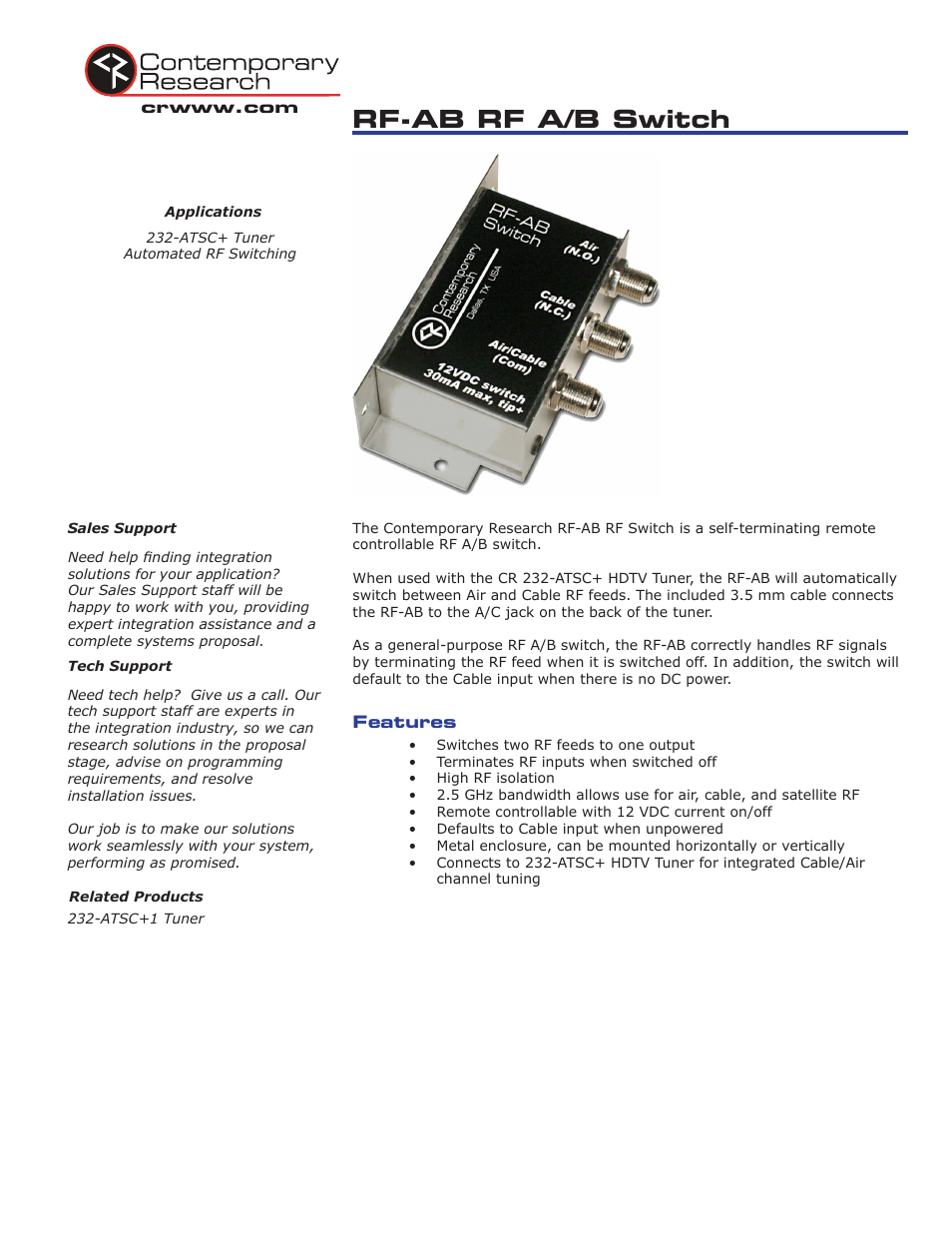 Contemporary Research RF-AB Self-Terminating & Closure Controlled Radio Frequency Switch User Manual | 2 pages