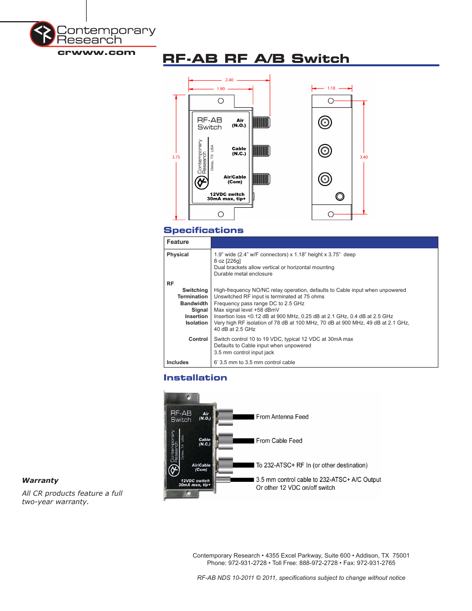 Rf-ab rf a/b switch, Specifications, Installation | Contemporary Research RF-AB Self-Terminating & Closure Controlled Radio Frequency Switch User Manual | Page 2 / 2