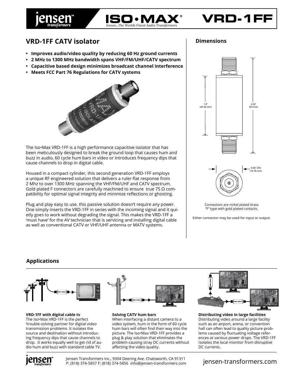 Jensen Transformers Iso-Max VRD-1FF - Single-Channel CATV Ground Isolator (F Connectors) User Manual | 2 pages