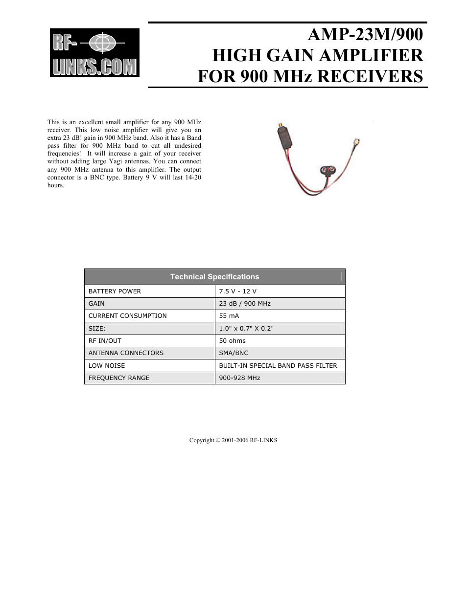 RF-Links High-Gain Amplifier for 900 MHz Receivers User Manual | 1 page