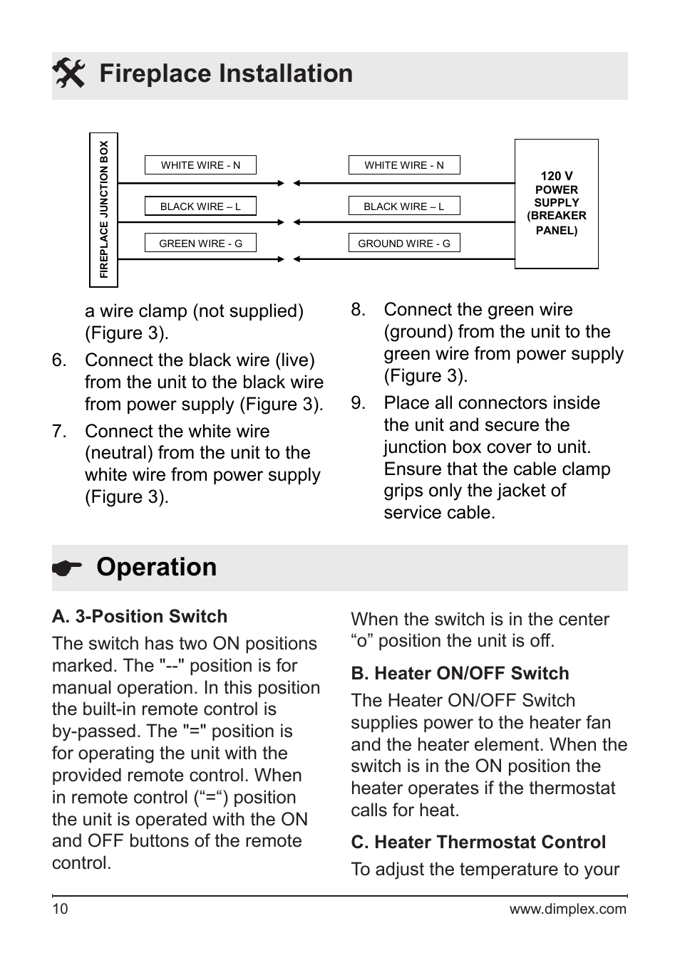 Operation, Fireplace installation | Dimplex DF2426SS User Manual | Page 10 / 18