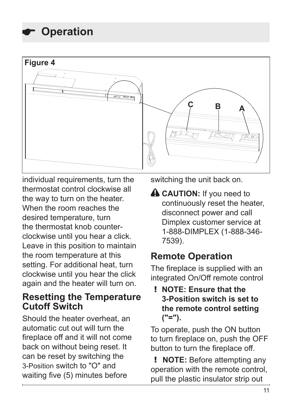 Operation, Resetting the temperature cutoff switch, Remote operation | Dimplex DF2426SS User Manual | Page 11 / 18