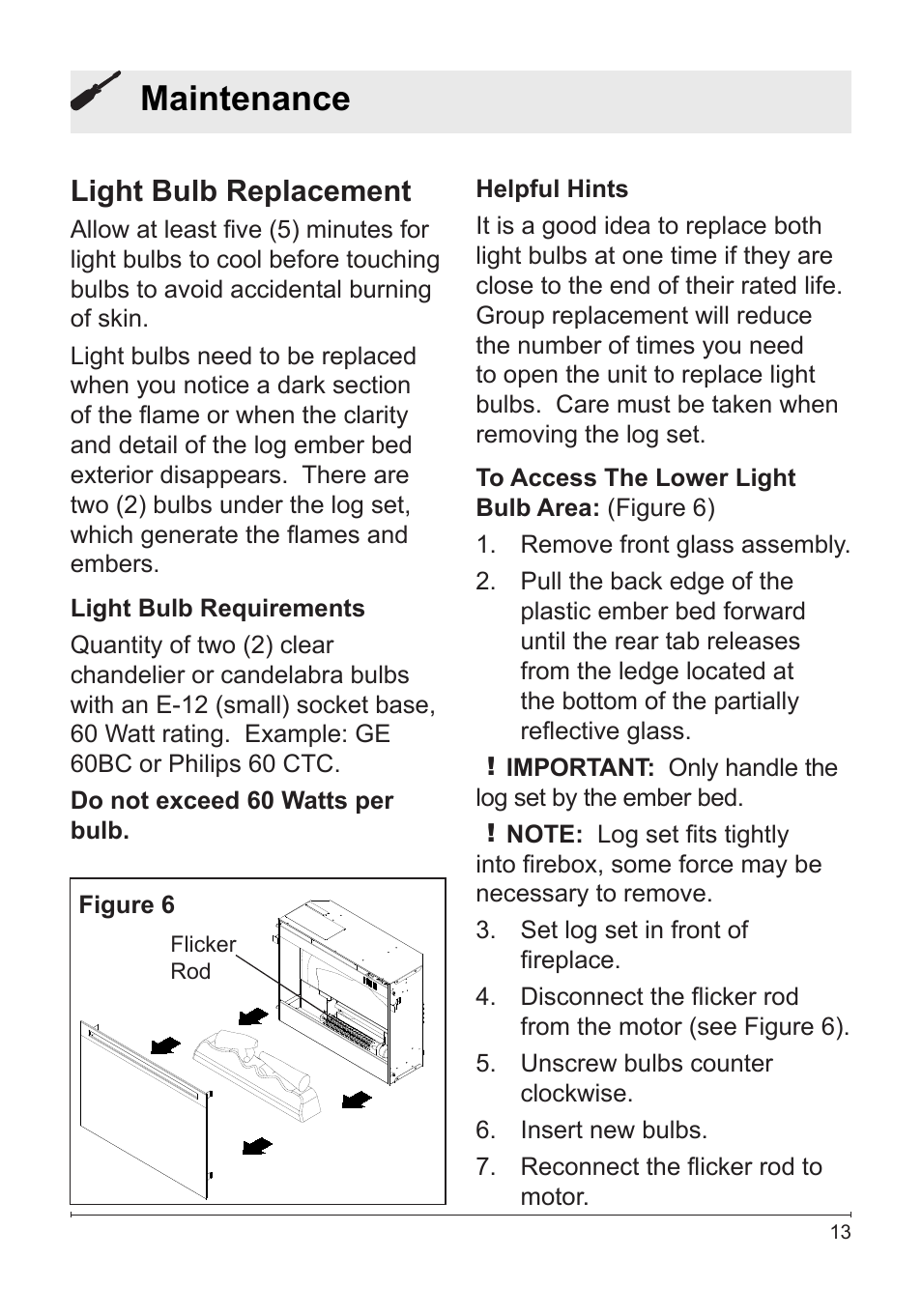 Maintenance, Light bulb replacement | Dimplex DF2426SS User Manual | Page 13 / 18