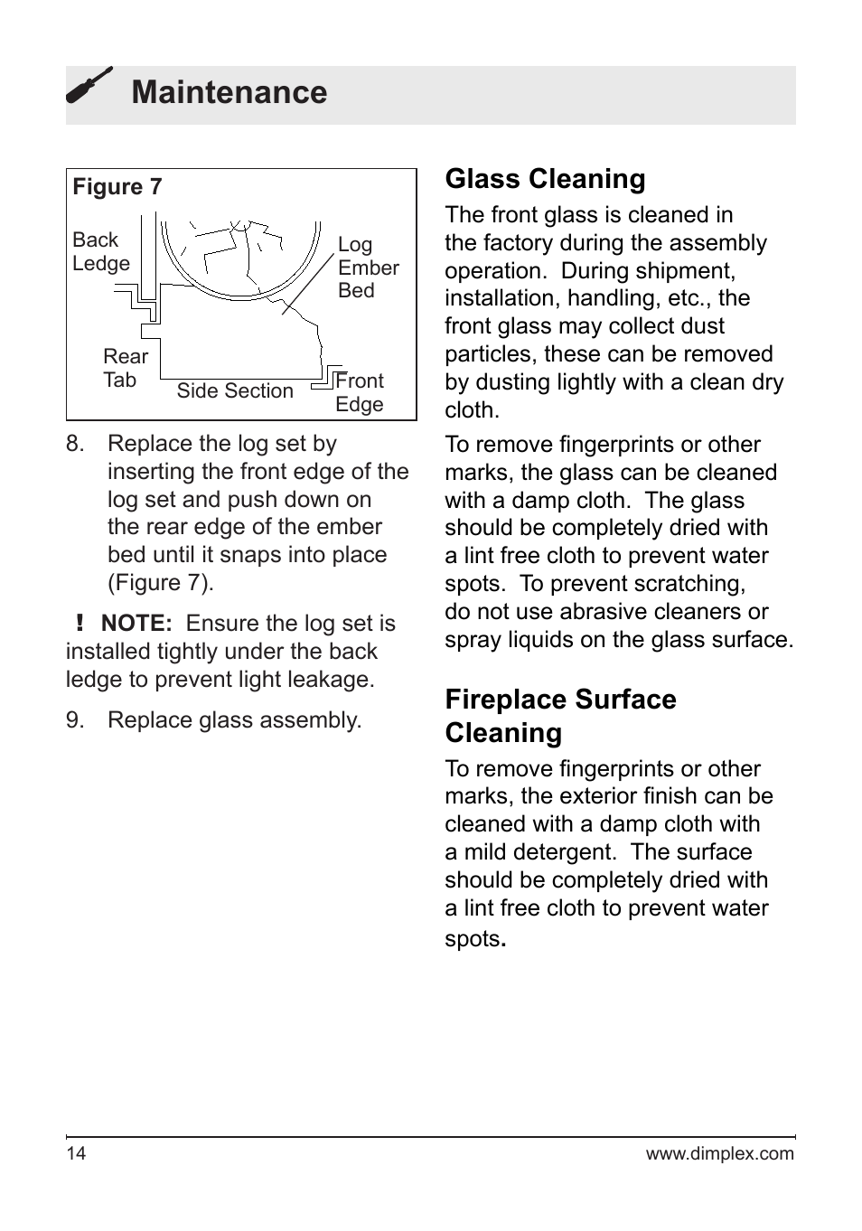 Maintenance, Glass cleaning, Fireplace surface cleaning | Dimplex DF2426SS User Manual | Page 14 / 18