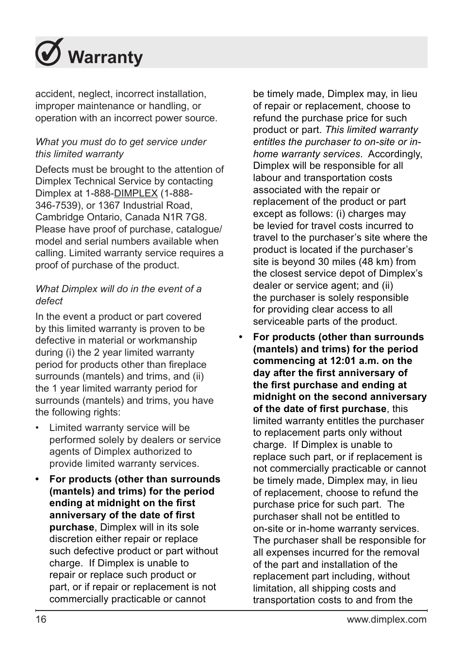 Warranty | Dimplex DF2426SS User Manual | Page 16 / 18