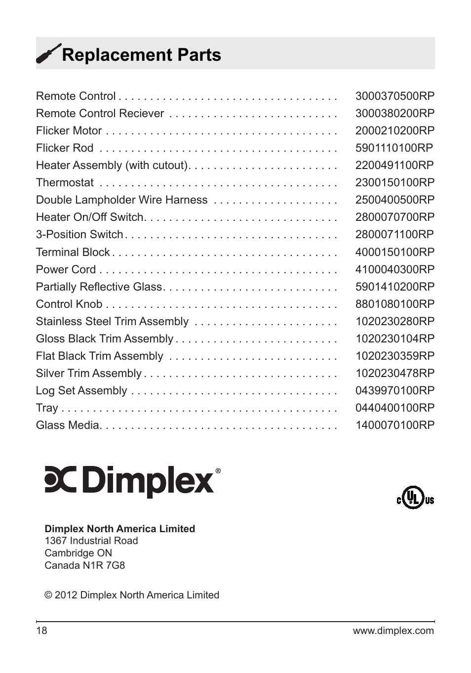 Replacement parts | Dimplex DF2426SS User Manual | Page 18 / 18