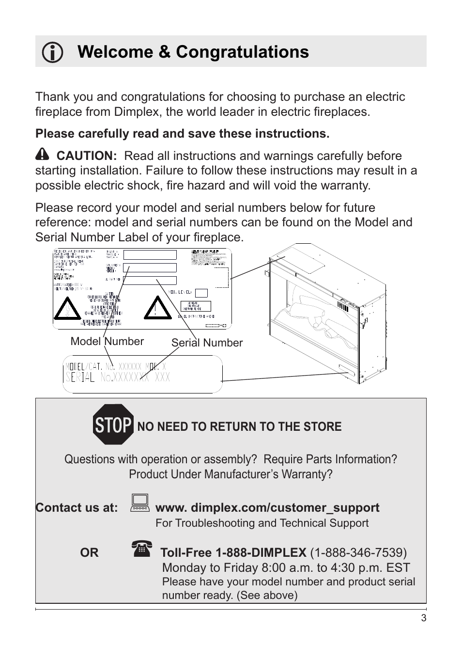 Welcome & congratulations | Dimplex DF2426SS User Manual | Page 3 / 18