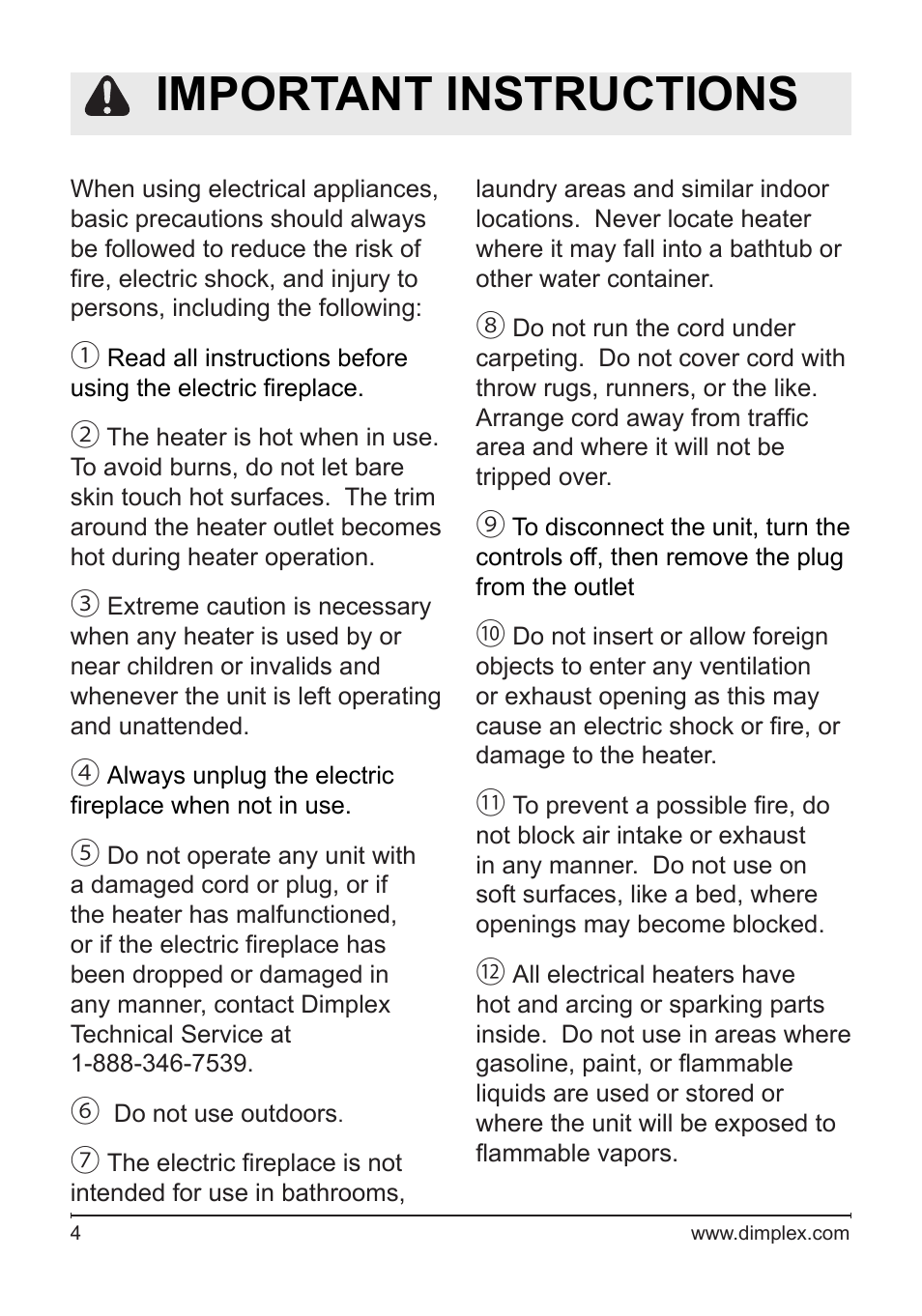Important instructions | Dimplex DF2426SS User Manual | Page 4 / 18