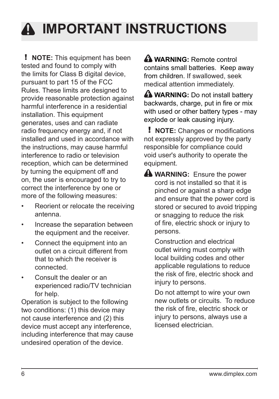 Important instructions | Dimplex DF2426SS User Manual | Page 6 / 18