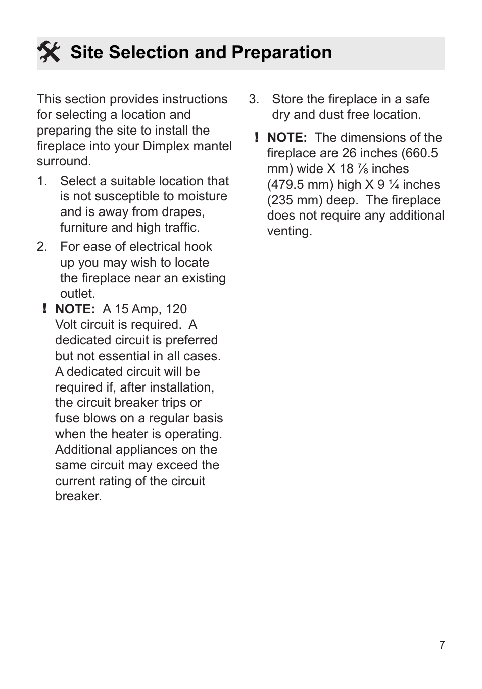 Site selection and preparation | Dimplex DF2426SS User Manual | Page 7 / 18