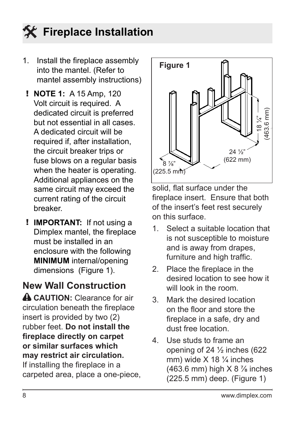 Fireplace installation, New wall construction | Dimplex DF2426SS User Manual | Page 8 / 18