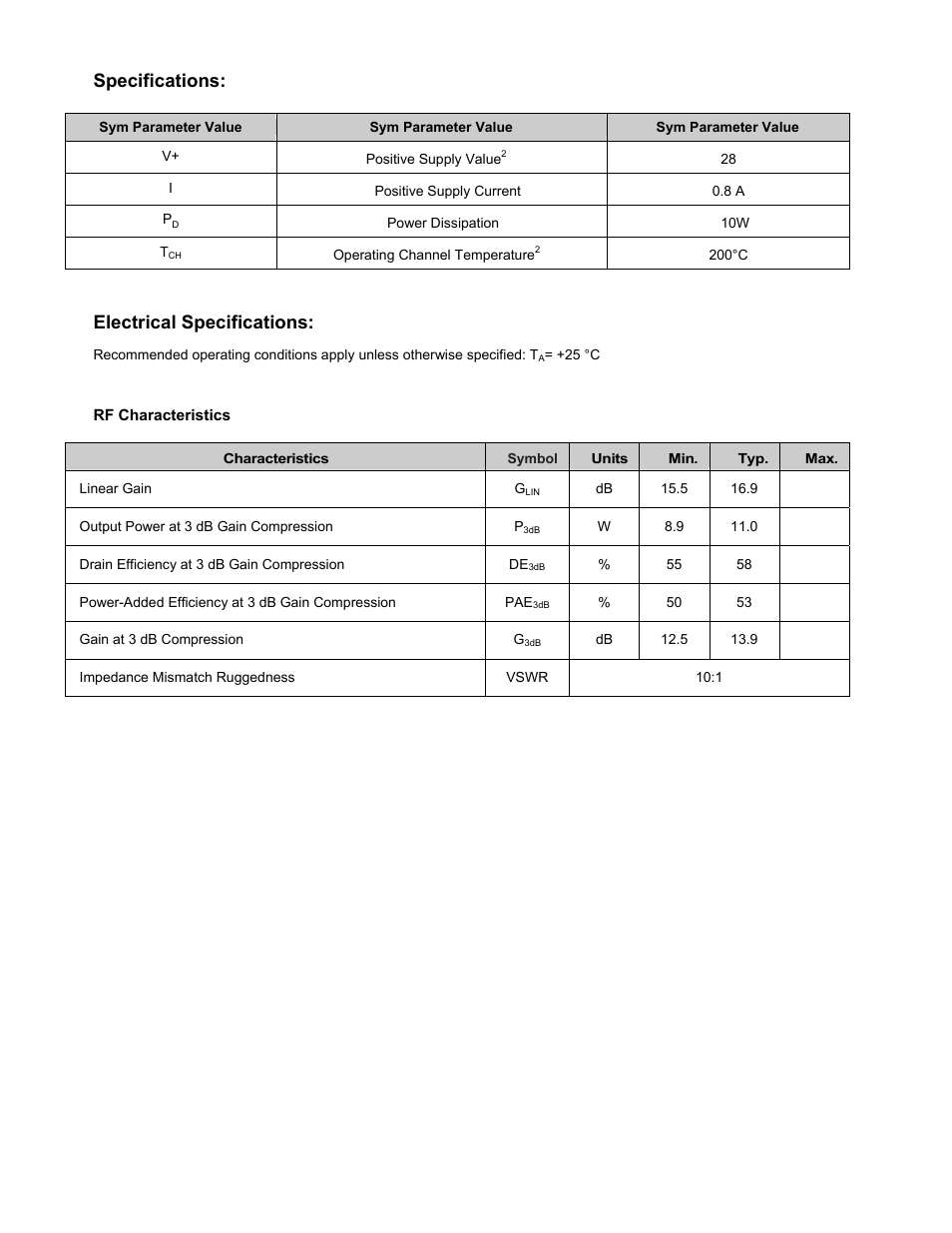Specifications, Electrical specifications | RF-Links Wideband 1W Microwave Amplifier (10 MHz–3 GHz) User Manual | Page 2 / 5
