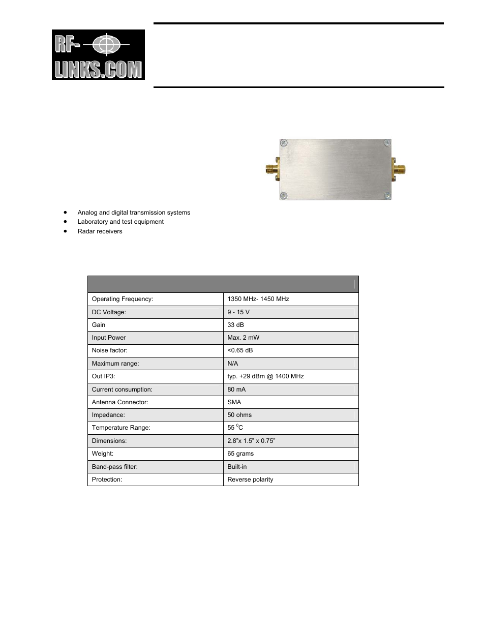 RF-Links Special Low-Noise Amplifier for Receivers (1350-1450 MHz) User Manual | 1 page