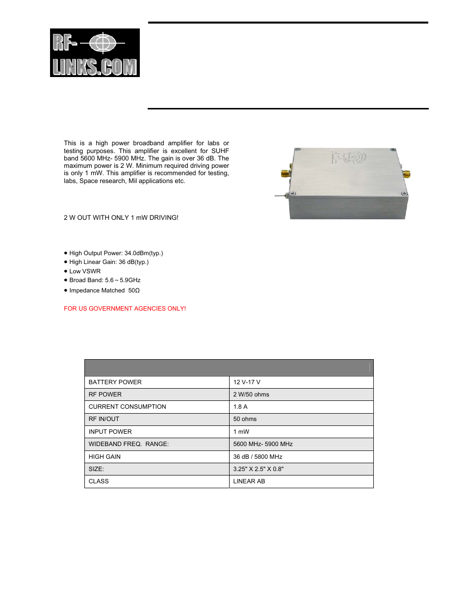 RF-Links Wideband 2W Microwave Amplifier (5.6-5.9 GHz) User Manual | 1 page