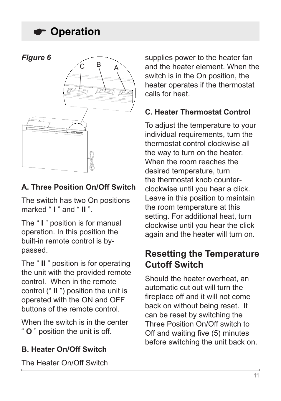 Operation, Resetting the temperature cutoff switch | Dimplex DFG2562SS User Manual | Page 11 / 19